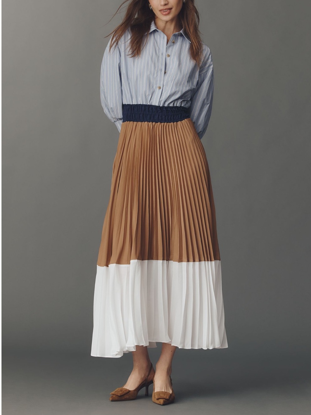 Anthropologie SOMERSET Petite Colorblock Pleated Twofer Maxi Shirt Dress NEW